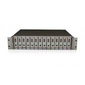 14-slot unmanaged media converter chassis, 19-inch rack-mountable, supports redundant power supply